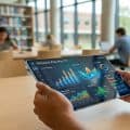 A student using a tablet with data charts in a modern library for learning in 2026.
