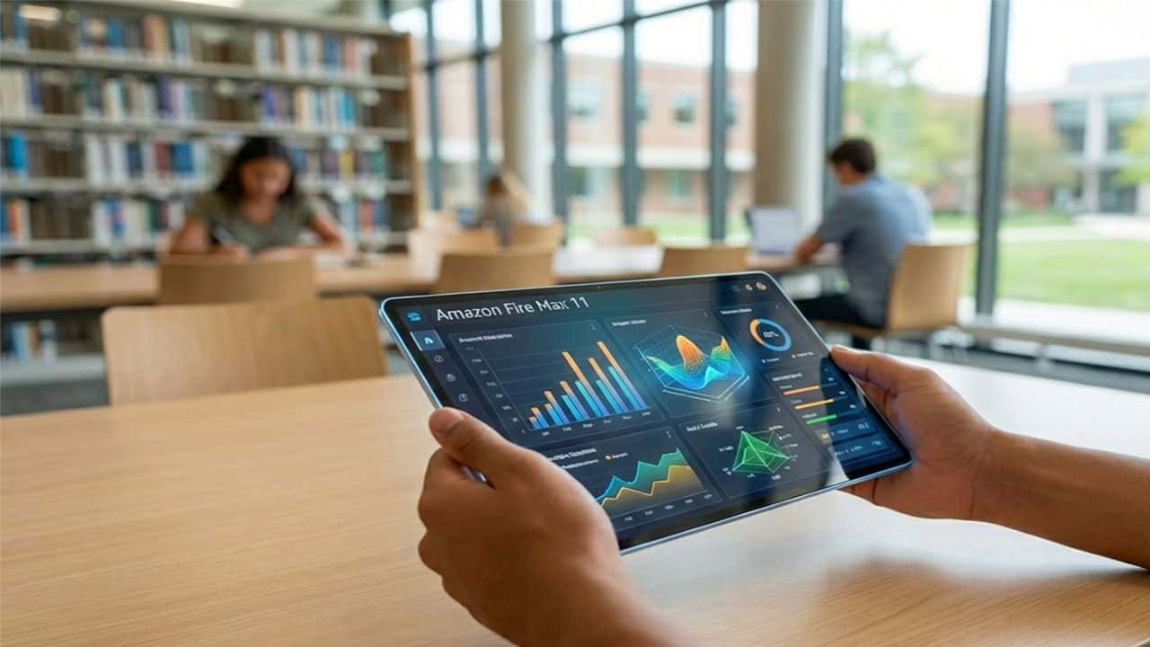 A student using a tablet with data charts in a modern library for learning in 2026.