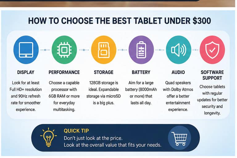 How to choose a tablet under $300 based on display, performance, storage, battery, audio, and software support